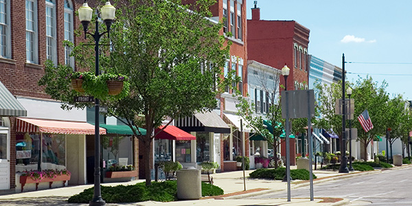 Photo of a shopping district in a small historic town