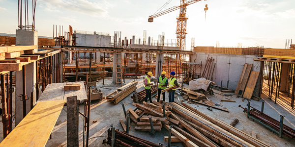 Photo of construction workers discussing plans on a large work site